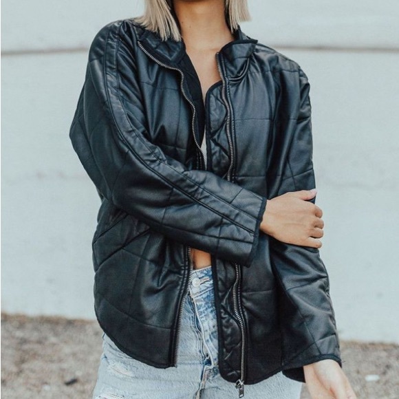 NWT Free People Quilted Vegan Leather Bomber Jacket in Black - Picture 5 of 16